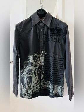 Roar Dark Grey Graphic Button-Down Shirt with Crest and Script